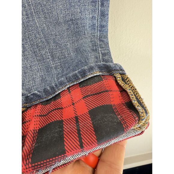 Judy Blue Skinny Fit Jeans 9/29 Distressed Buffalo Plaid Patched Flip‎ Cuffs - Picture 3 of 13